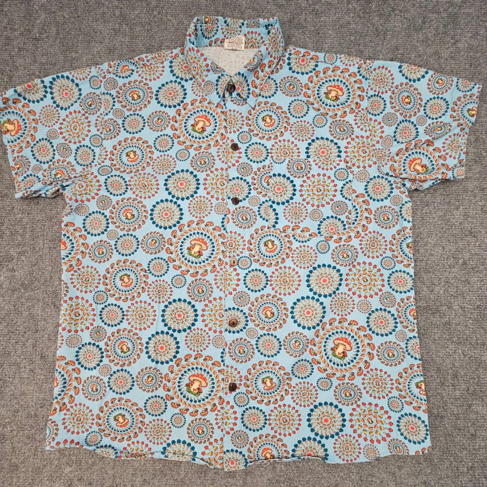 Gypsy Rose Mushroom Shirt Mens XL Blue Psychedelic Mandala Handmade Nepal Hippie